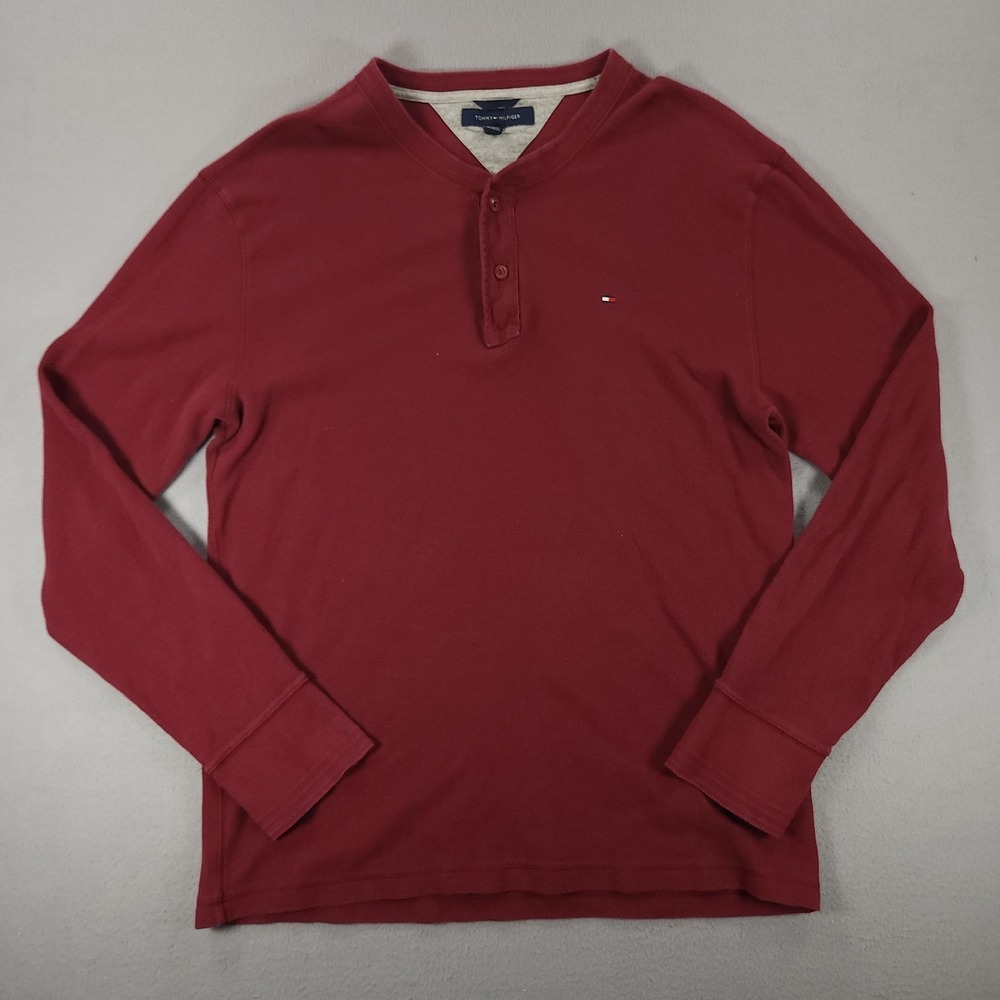 Tommy Hilfiger Mens Long Sleeve Henley Shirt Red Raglan Cotton Size XL